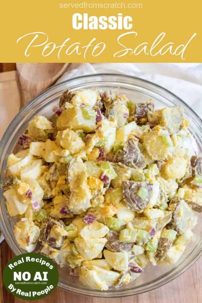 a large bowl of creamy potato salad with eggs with Pinterest pin text with NO AI sticker.