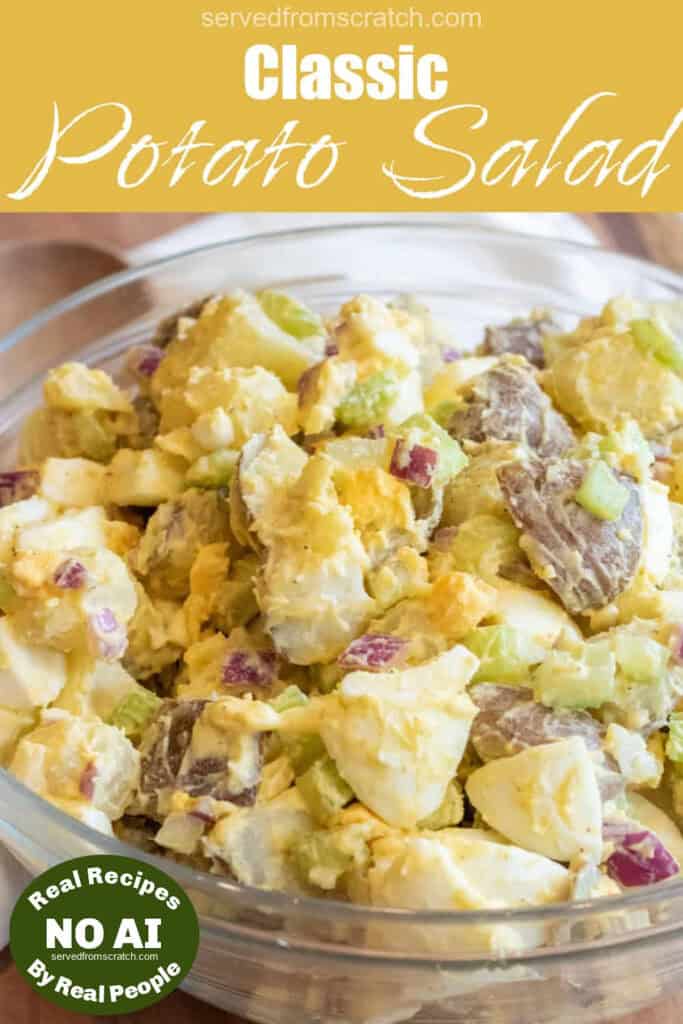 a large bowl of creamy potato salad with eggs with Pinterest pin text with NO AI sticker.