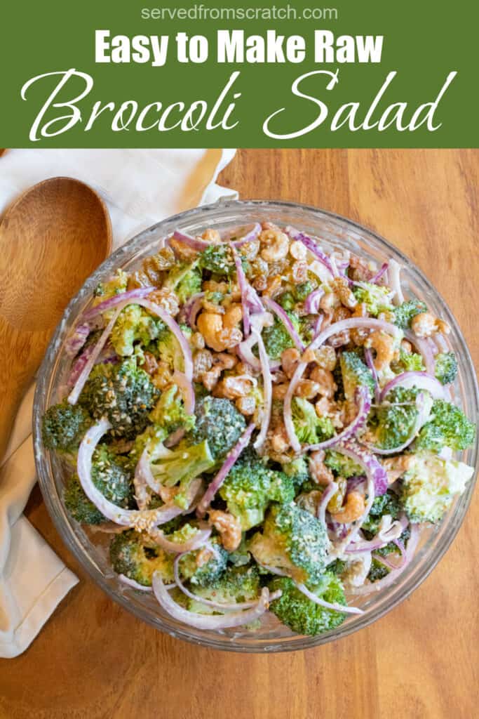 a bowl of broccoli salad with onions and Pinterest pin text.