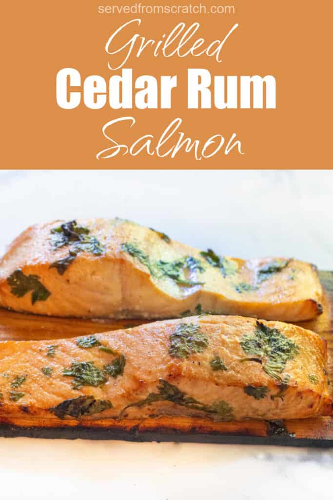 salmon fillets on a plate with Pinterest pin text.