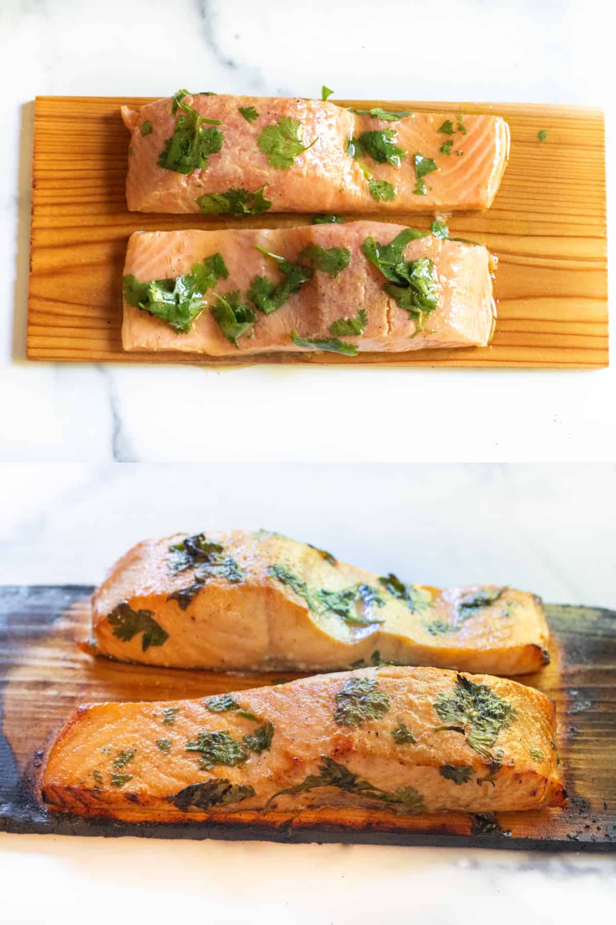 a cedar plank with two pieces of salmon with cilantro and then the salmon grilled on the plank.
