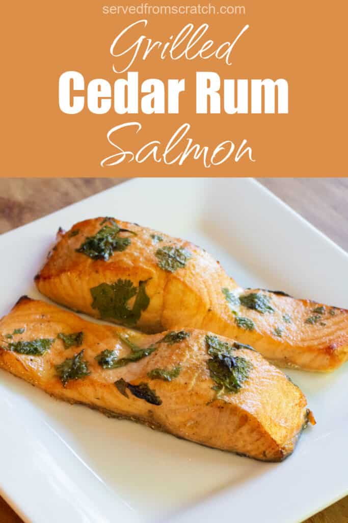 salmon fillets on a plate with Pinterest pin text.