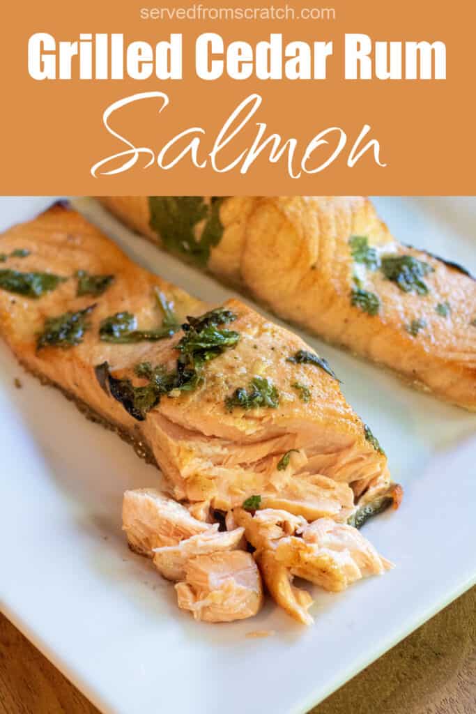 salmon fillets on a plate with pieces flaked off with Pinterest pin text.