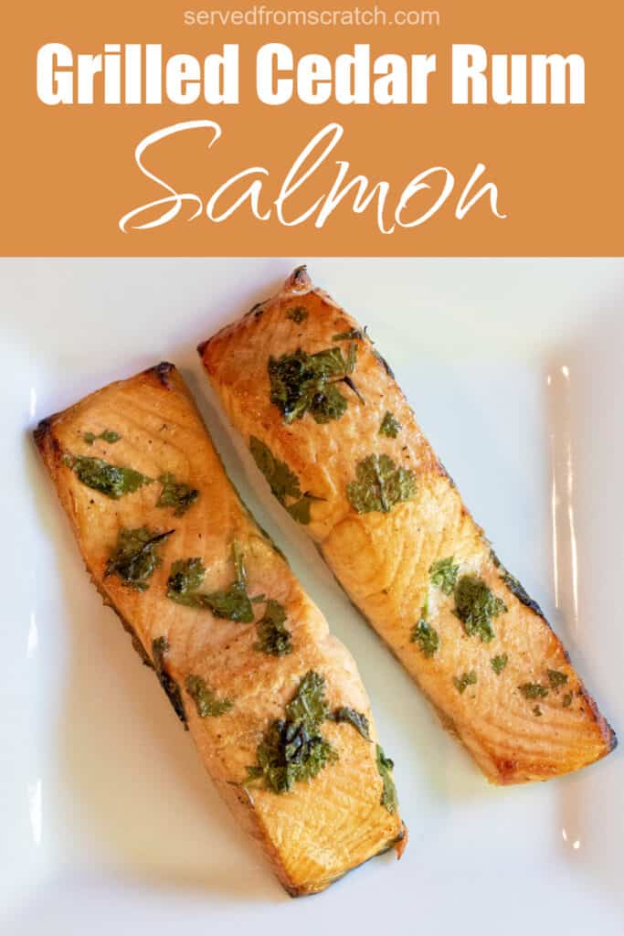 salmon fillets on a plate with Pinterest pin text.