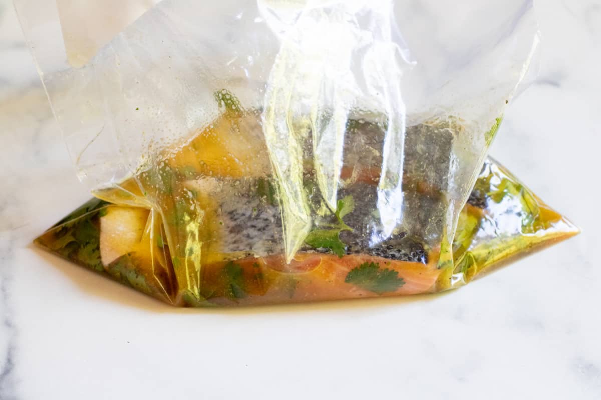 a plastic bag with salmon marinating.