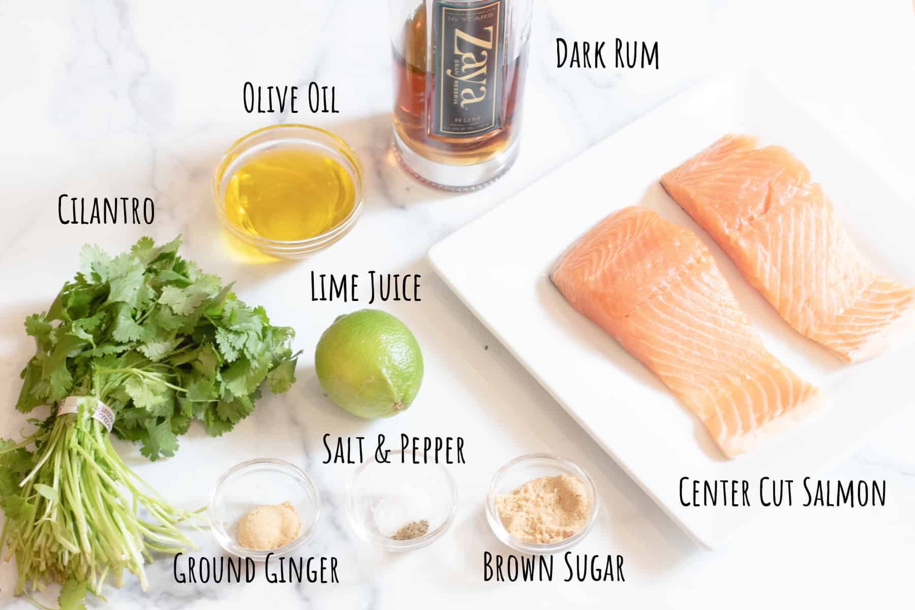 salmon, rum, cilantro, oil, lime, ginger, salt and pepper, and brown sugar.