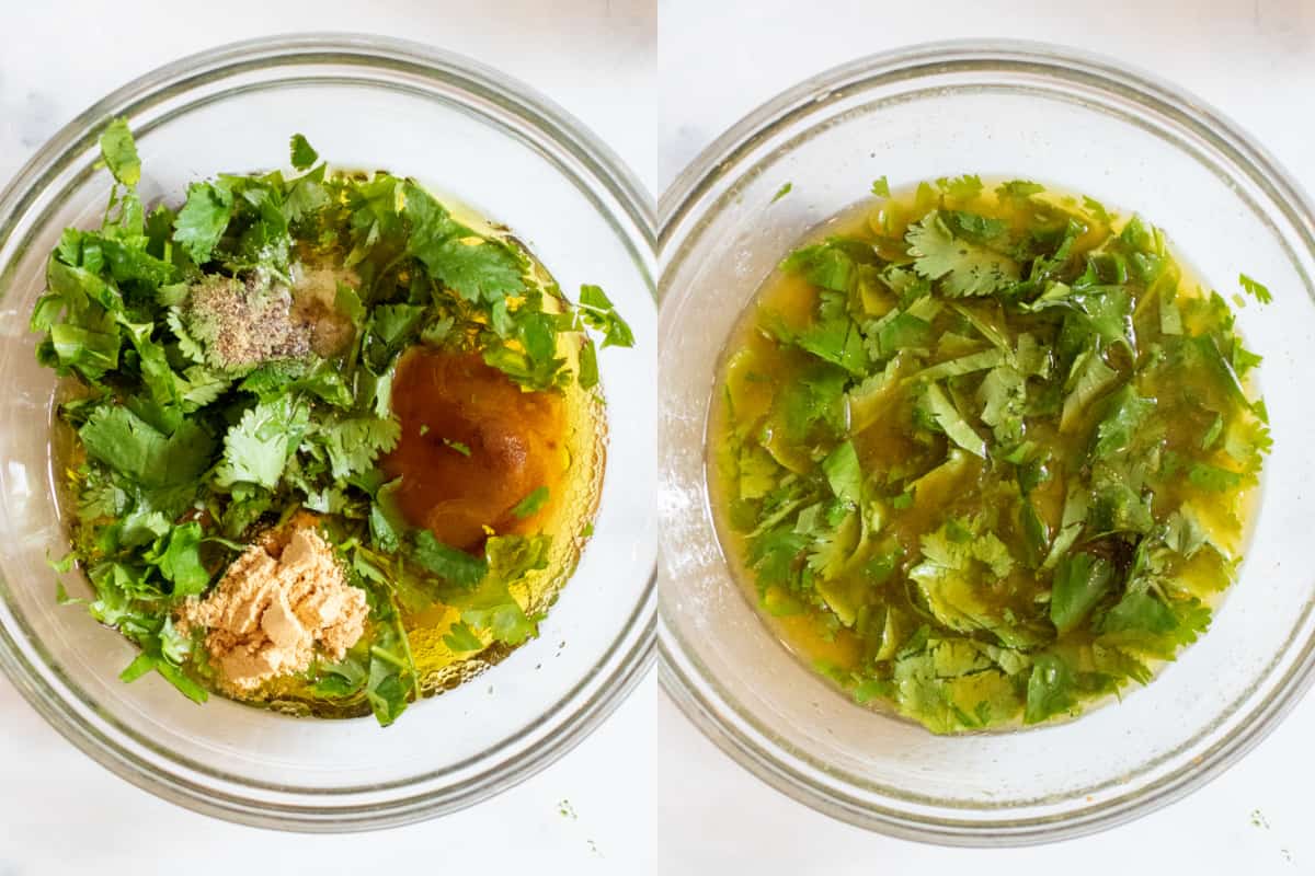 a bowl of cilantro and spices and rum and a bowl of it all mixed up.