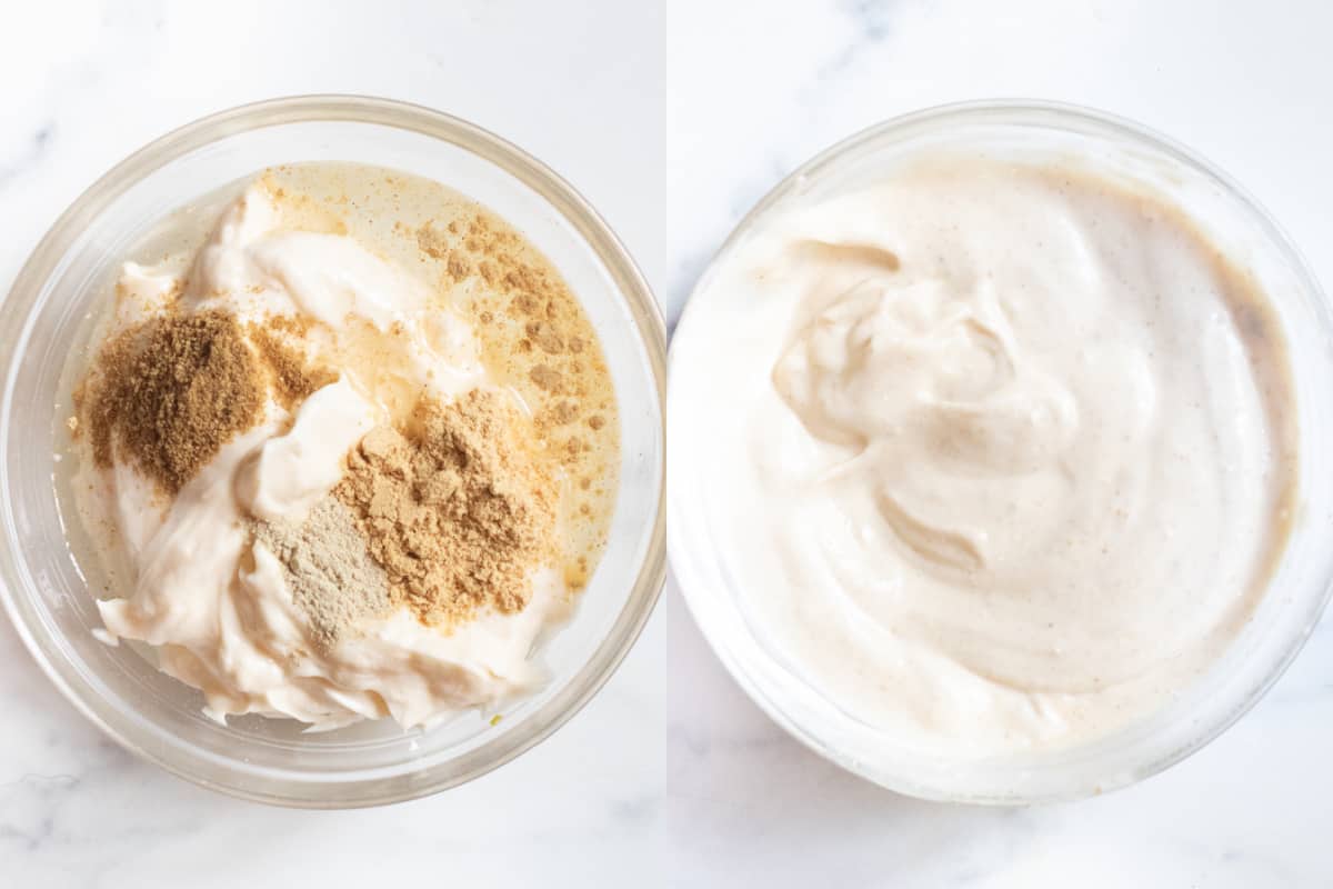 two pictures, one bowl with mayo and spices and then it all mixed.