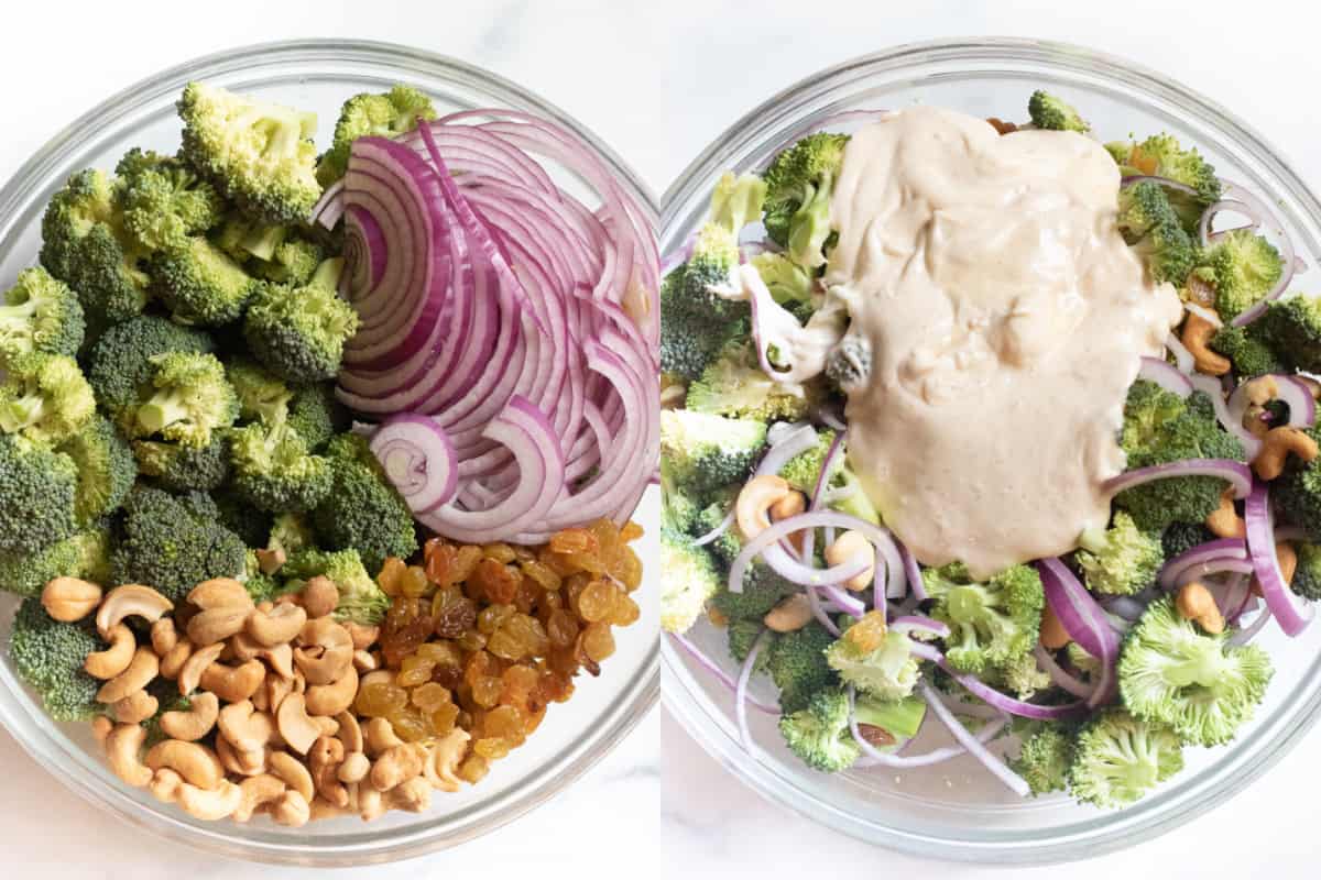 a large bowl of broccoli, onions, cashews, and raisins, then it all mixed and with mayo on top.