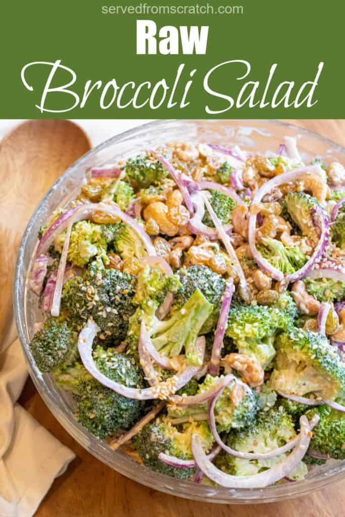 a bowl of broccoli salad with onions and Pinterest pin text.