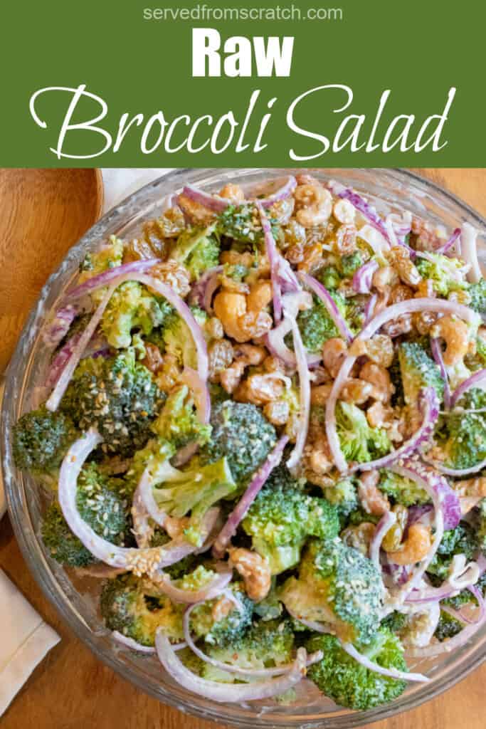 a bowl of broccoli salad with onions and Pinterest pin text.