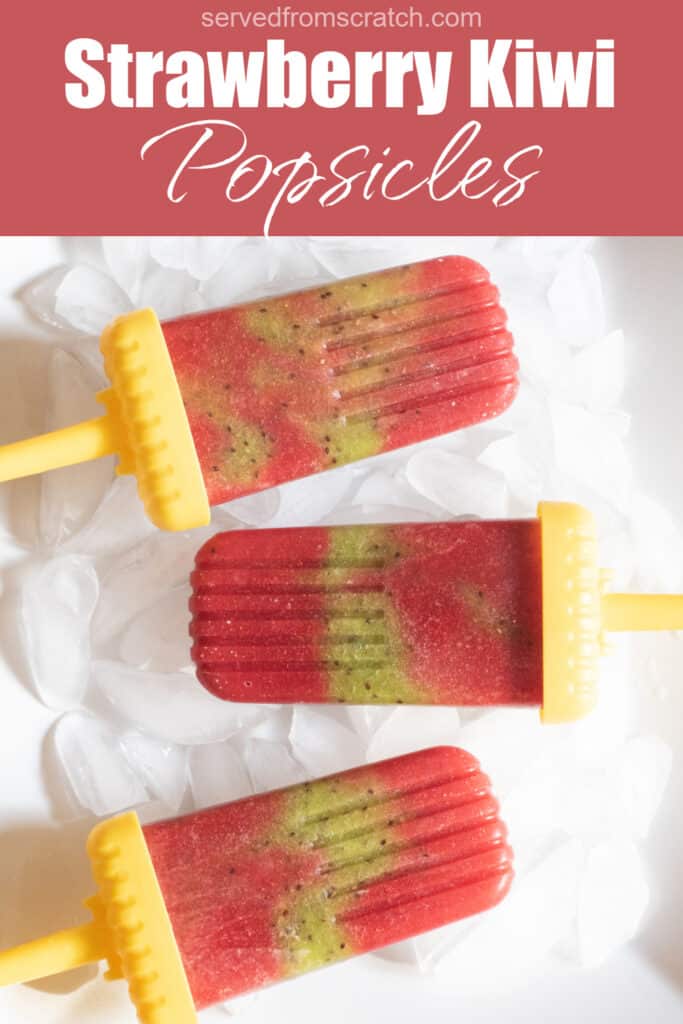 a plate of strawberry kiwi popsicles with Pinterest pin text.