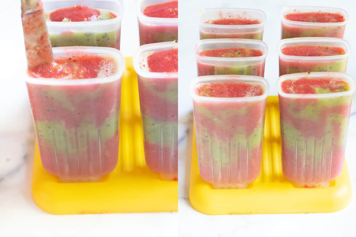 two pictures, one of a knife in a popsicle mold with liquid strawberry and kiwi and then second picture of them mixed.