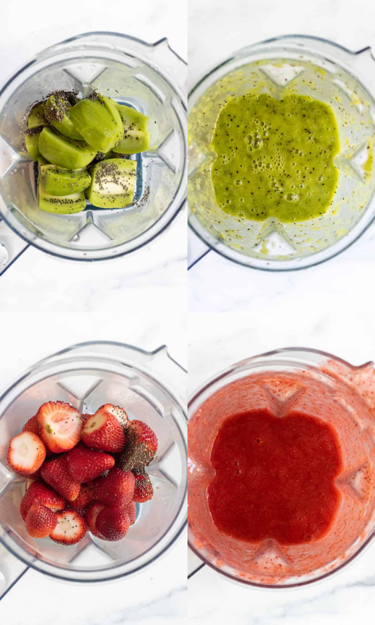 four pictures, top two of kiwi and chia seeds in a blender and then it all blended, bottom two of strawberries and chia seeds in a blender and it all blended.