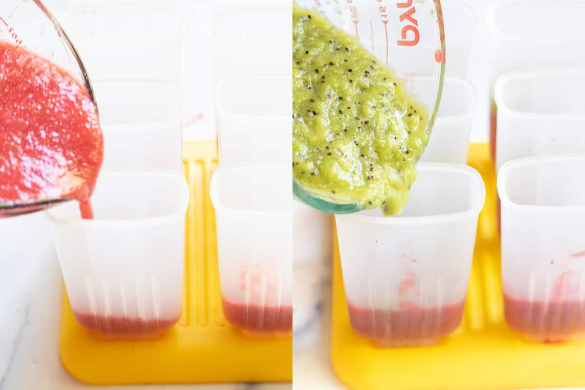 two pictures, one of strawberry sauce being poured into popsicle molds, and the second kiwi sauce being poured in on top of strawberry sauce in mold.