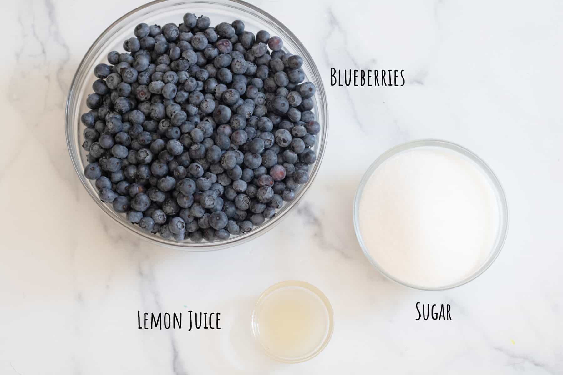 a bowl of blueberries, sugar, and lemon juice.