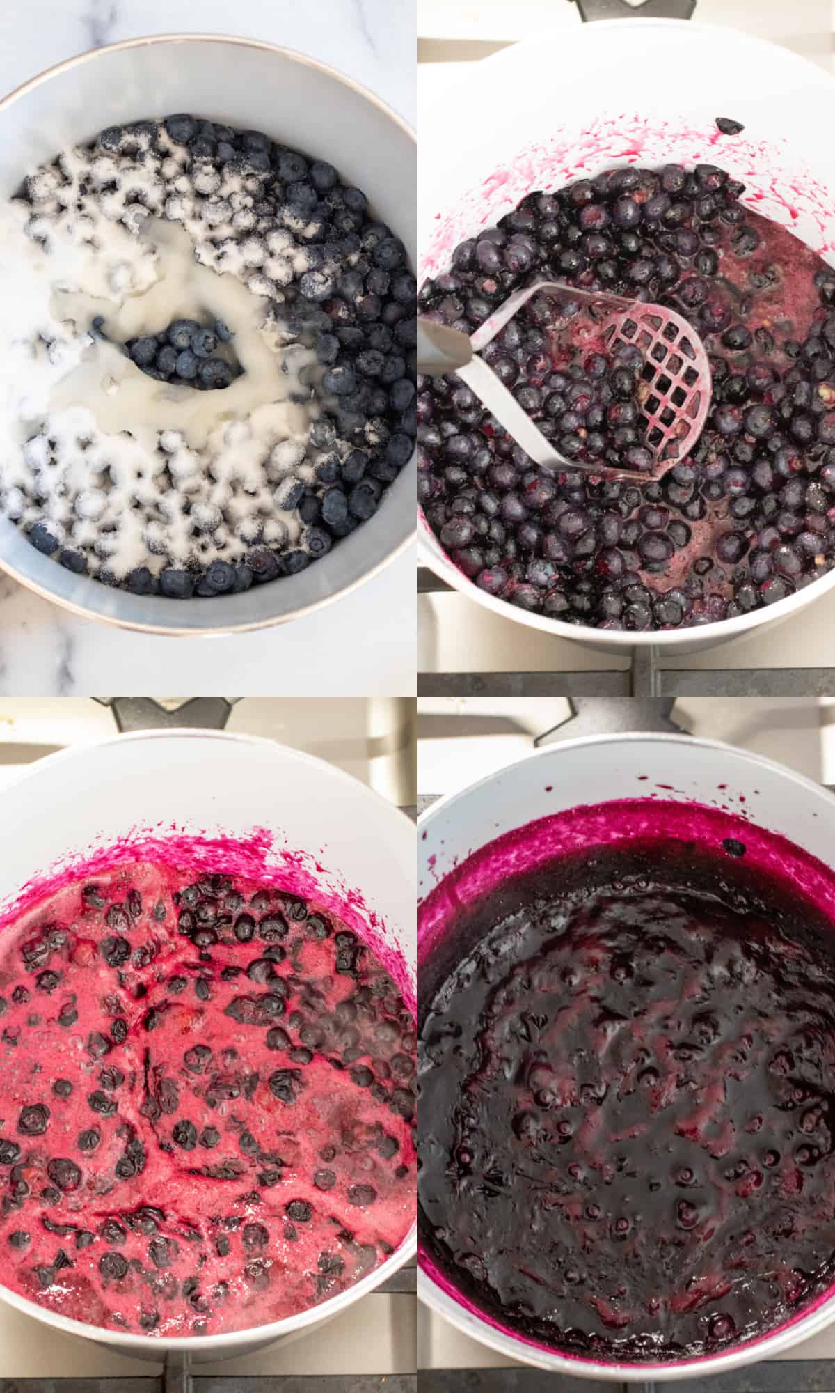 a pot of blueberries with sugar and lemon juice, and then in a pot cooking with a masher, bubbling in the pot, and the 4th picture of thickened jam.