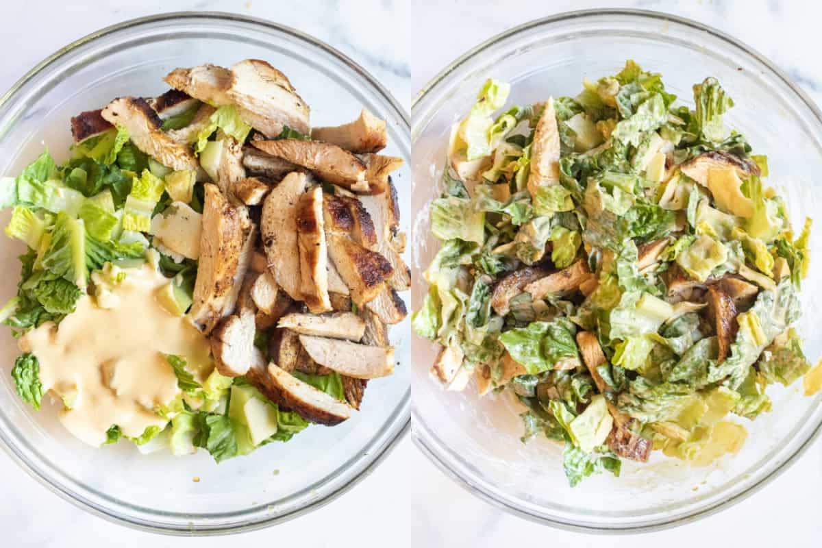 picture of two bowls, once with lettuce, dressing, and chicken and one with it all mixed.