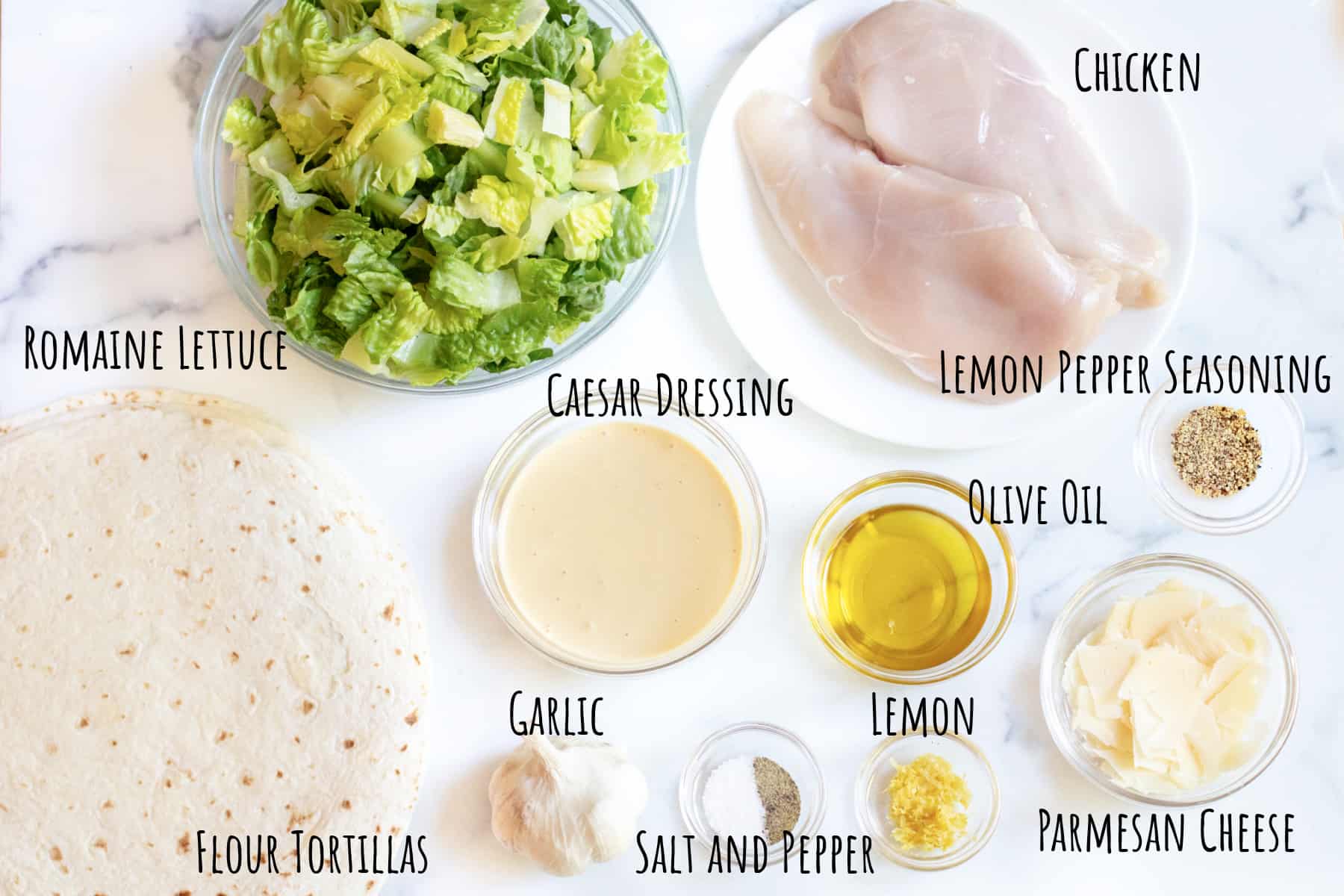 lettuce, raw chicken, tortillas, Caesar dressing, oil, cheese, salt pepper, garlic, lemon zest, and lemon pepper seasoning.
