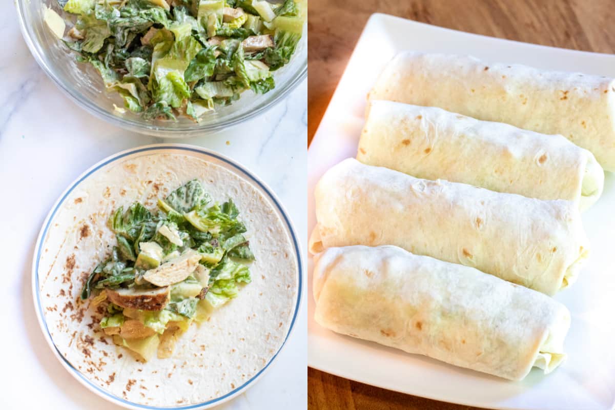 a picture of a bowl of chicken caesar salad and a tortilla filled with it and then 4 wrapped on a plate.