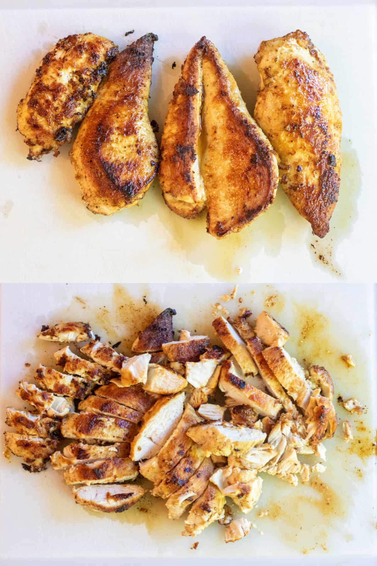 cooked chicken on a cutting board and then the chicken sliced.