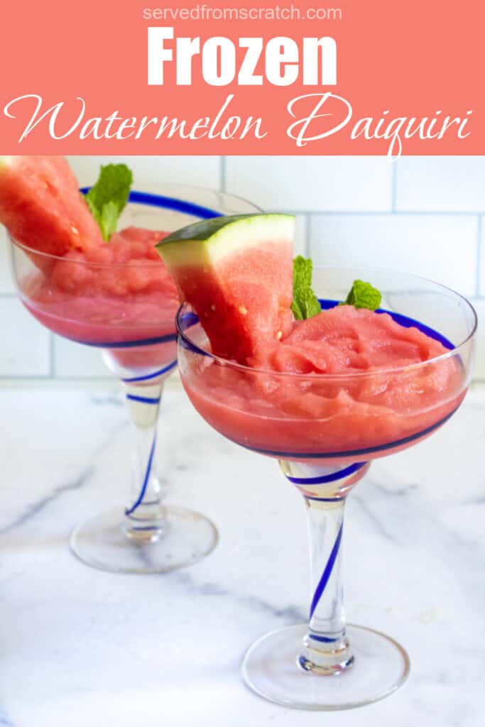 two margarita glasses with frozen watermelon daiquiris and Pinterest pin text.