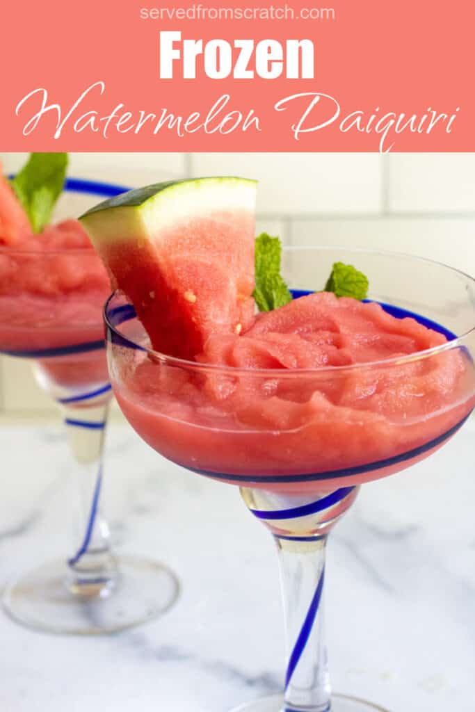 two margarita glasses with frozen watermelon daiquiris and Pinterest pin text.