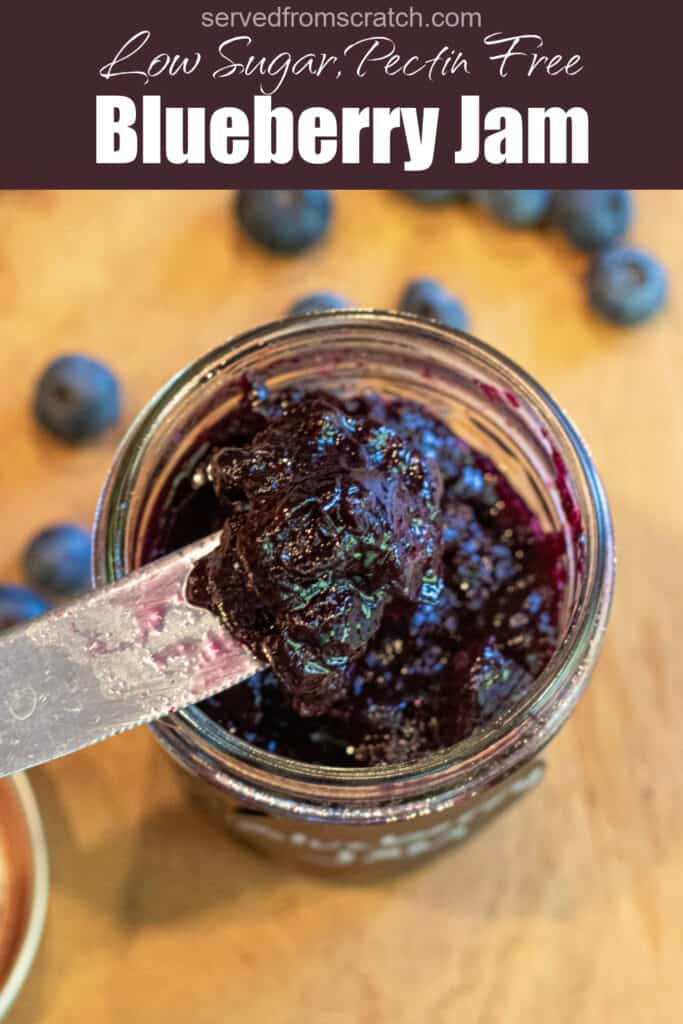 an overhead of an open jar of jam and a knife with Pinterest pin text.