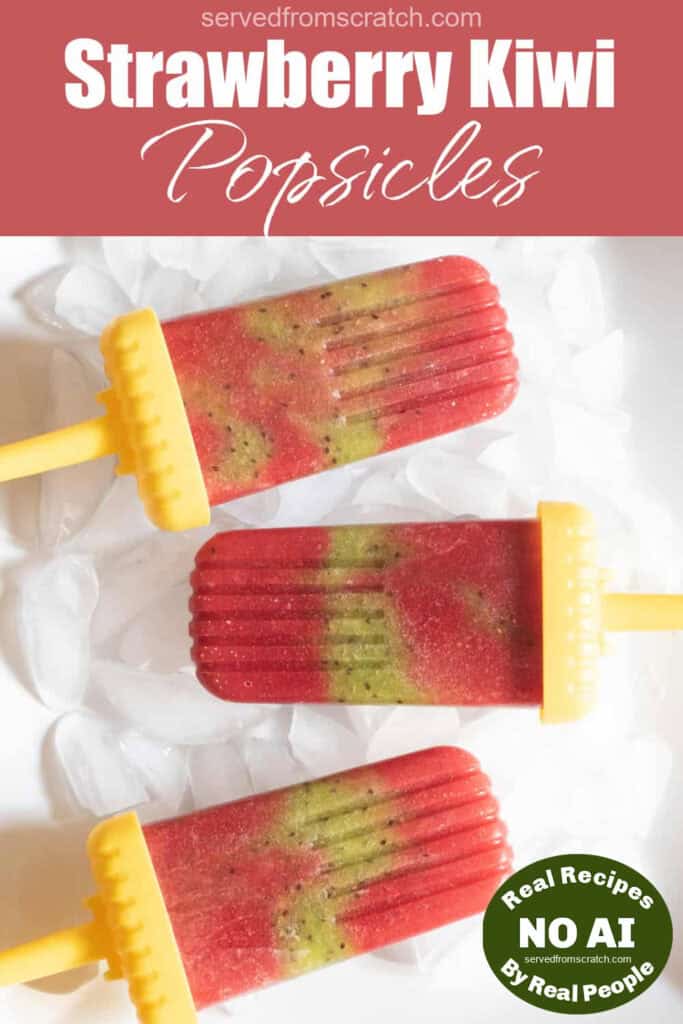 a plate of strawberry kiwi popsicles with Pinterest pin text and NO AI sticker.