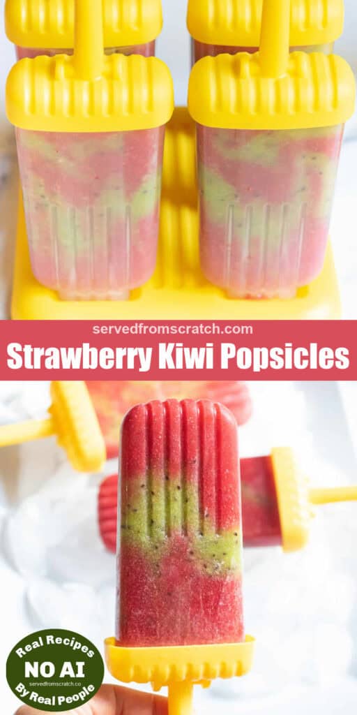 popsicle molds with strawberry kiwi and Pinterest pin text and NO AI sticker.