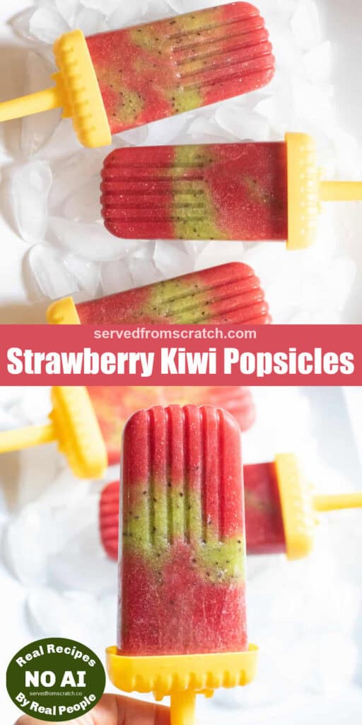 a plate with popsicles, a strawberry and kiwi popsicle held by a hand with Pinterest pin text and NO AI sticker.