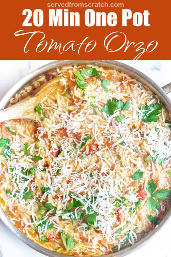 a pot of orzo with tomatoes, cheese, and parsley and a wooden spoon with Pinterest pin text.