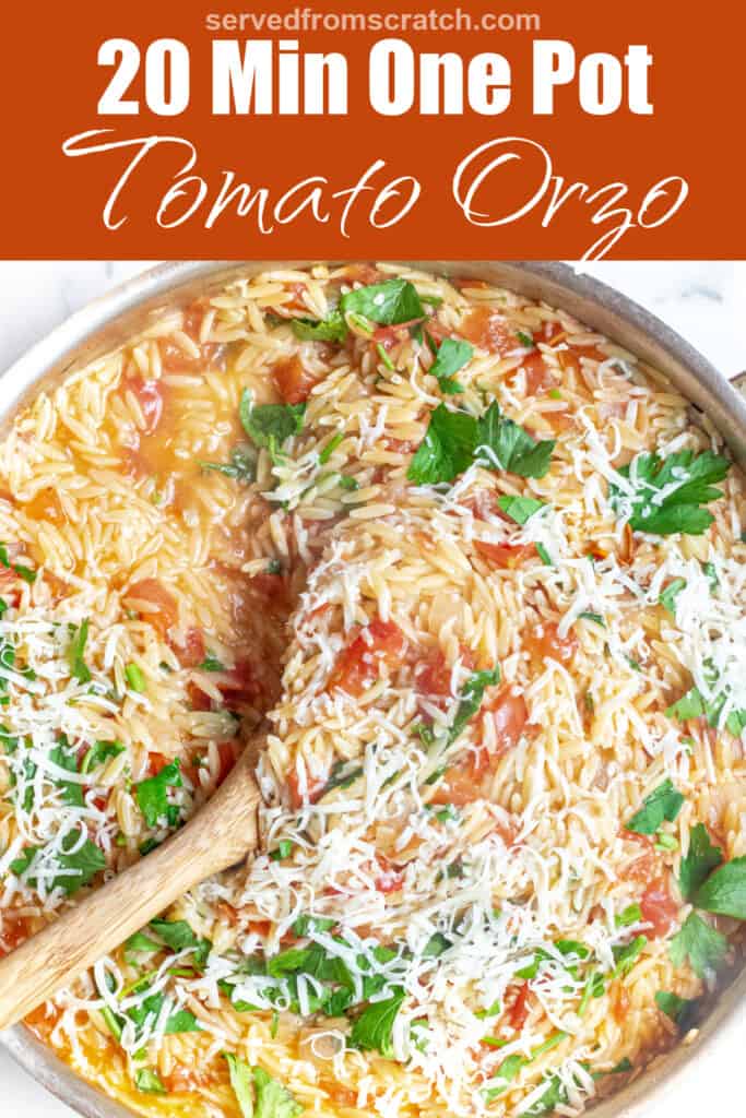 a pot of orzo with tomatoes, cheese, and parsley and a wooden spoon with Pinterest pin text.