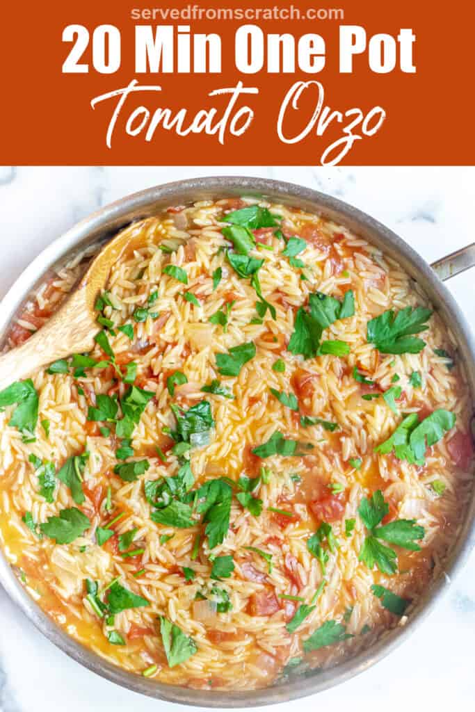 a pot of orzo with tomatoes, cheese, and parsley and a wooden spoon with Pinterest pin text.