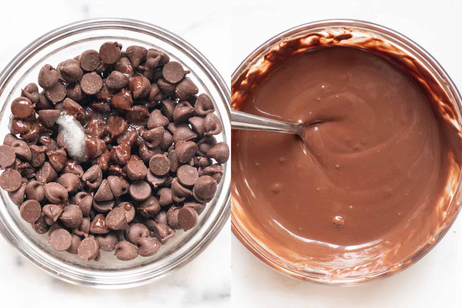 two bowls, one of chocolate chips with coconut oil and one iwht it all melted.