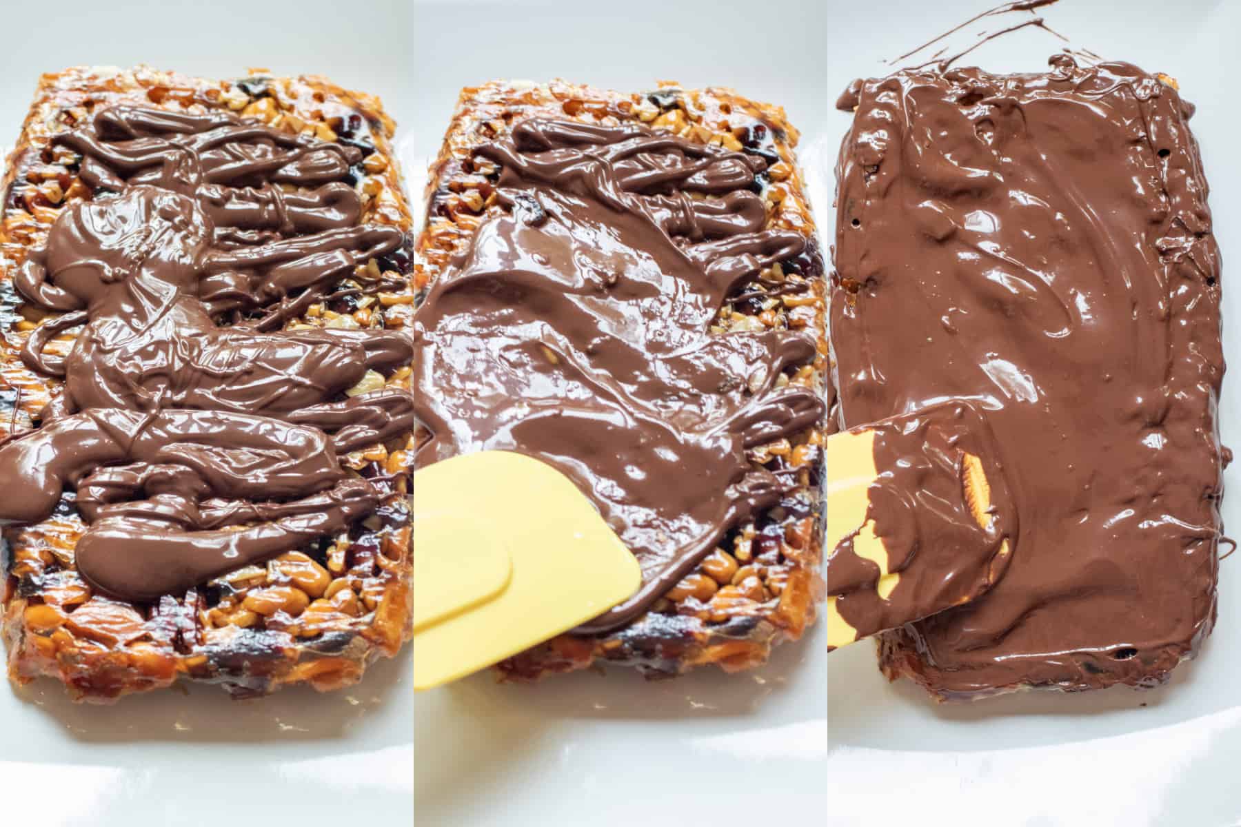bars of baked nuts and then melted chocolate being poured on, spread with a spatula, and then covered in chocolate.