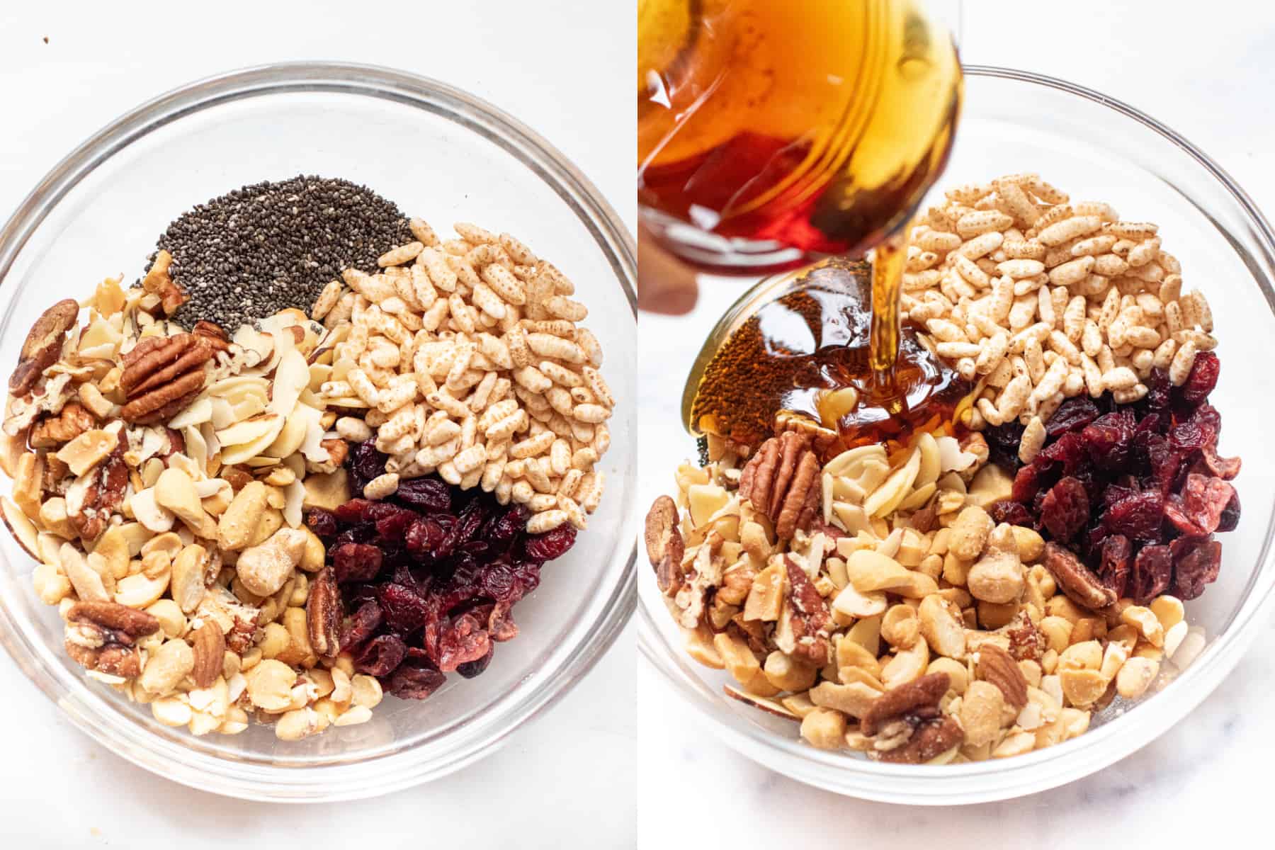 one bowl of chia seeds, cereal, nuts, and another with maple syrup and honey being poured in.