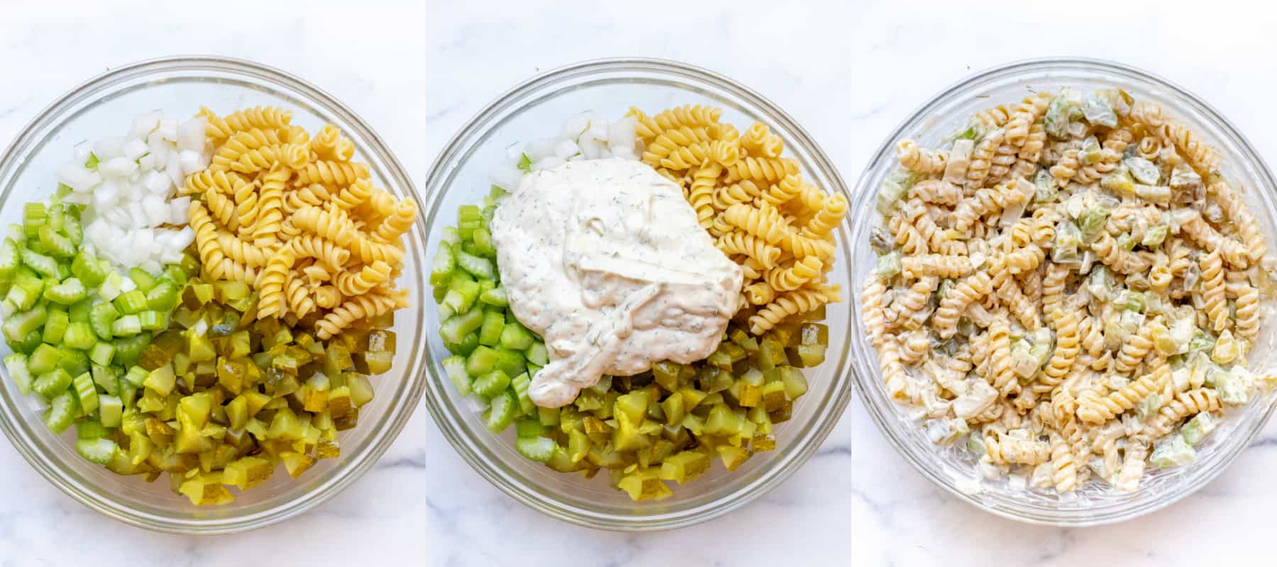 3 pictures of bowls of pasta, celery, onion, and dill pickle, one with a mayo mixture, and then it all mixed together.