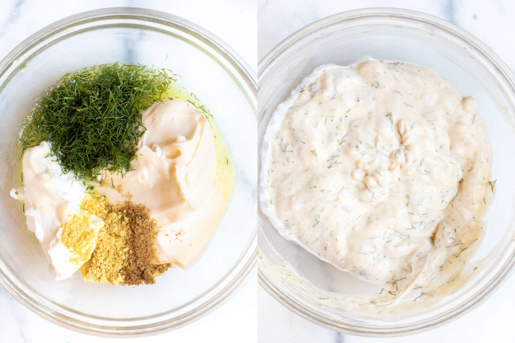 two bowls, one with mayo, sour cream, dill, and spices, and then a bowl of it all mixed together.