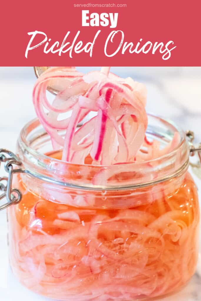 an open jar of pickled onions with a forkful being taken out and PInterest pin text.