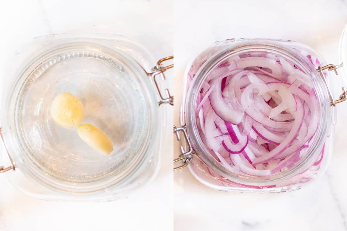 two mason jars, one with garlic in it and then with raw onions.