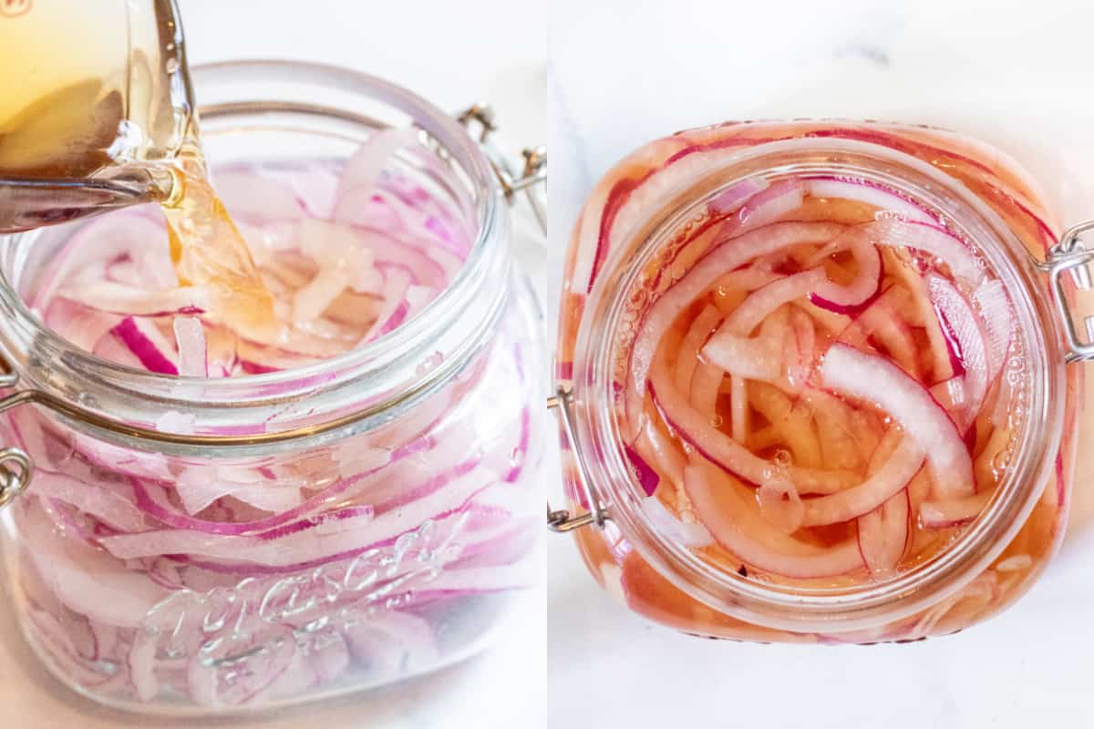 vinegar being poured into a mason jar of onions and an overhead of that mason jar filled with vinegar.