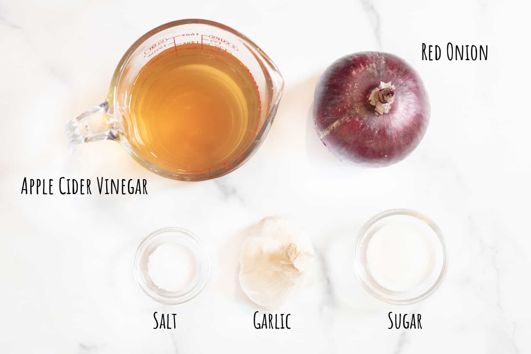 apple cider vinegar, red onion, sugar, garlic, and salt.