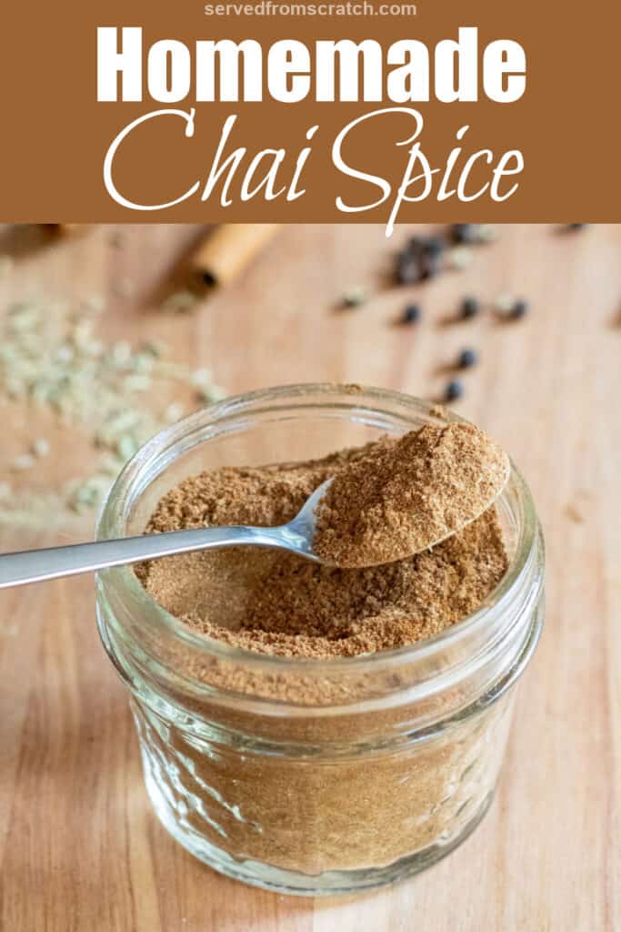 a small mason jar of chai spice with a little spoon with Pinterest pin text.