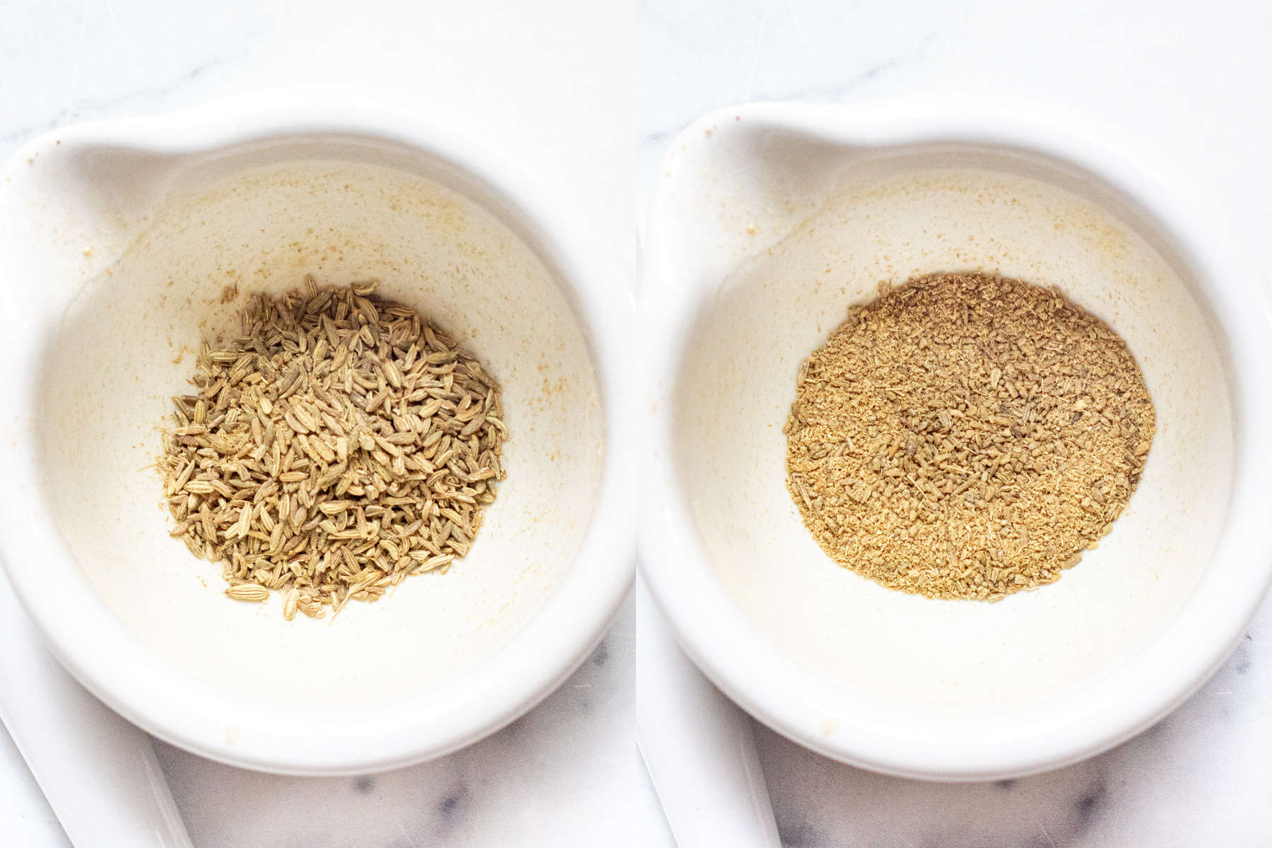 to mortar and pestles, one with fennel seeds and one with fennel seeds crushed.