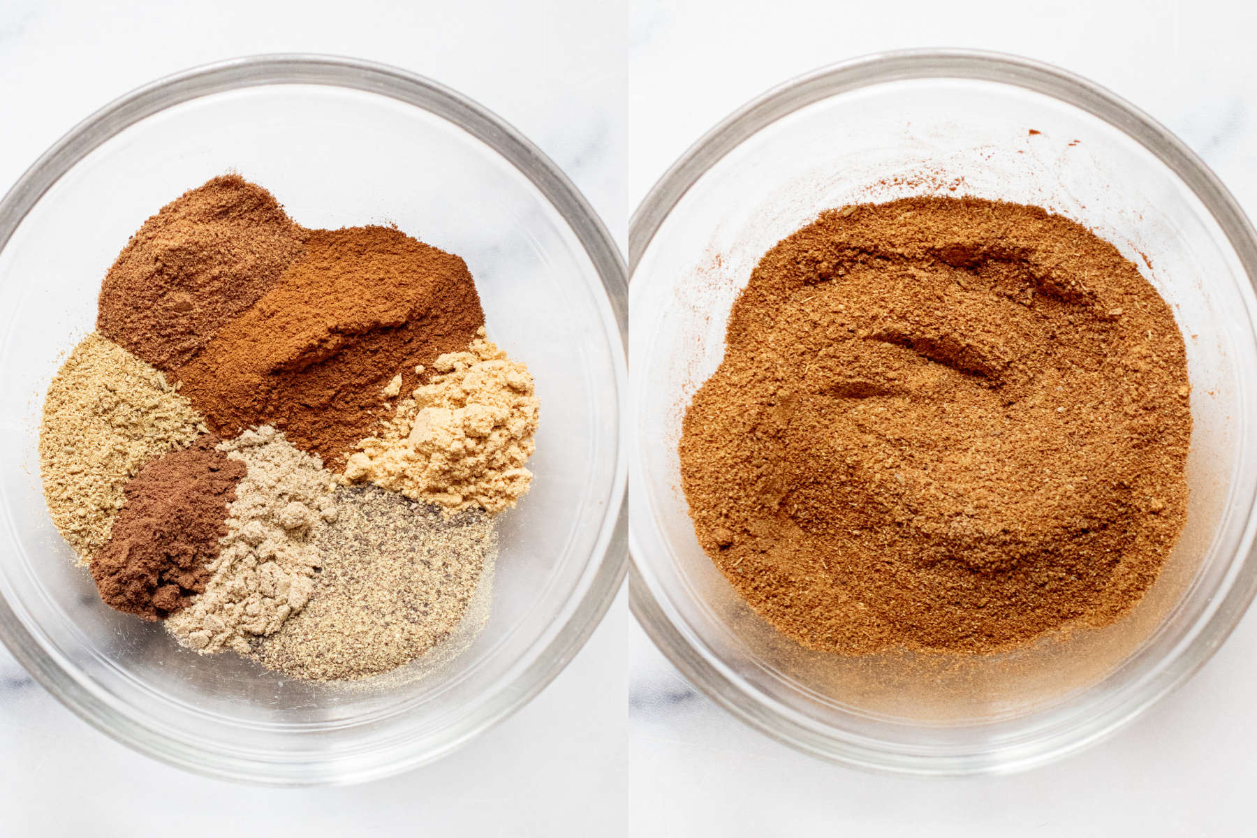 two bowls, one with a bunch of spices and the other with it all mixed.
