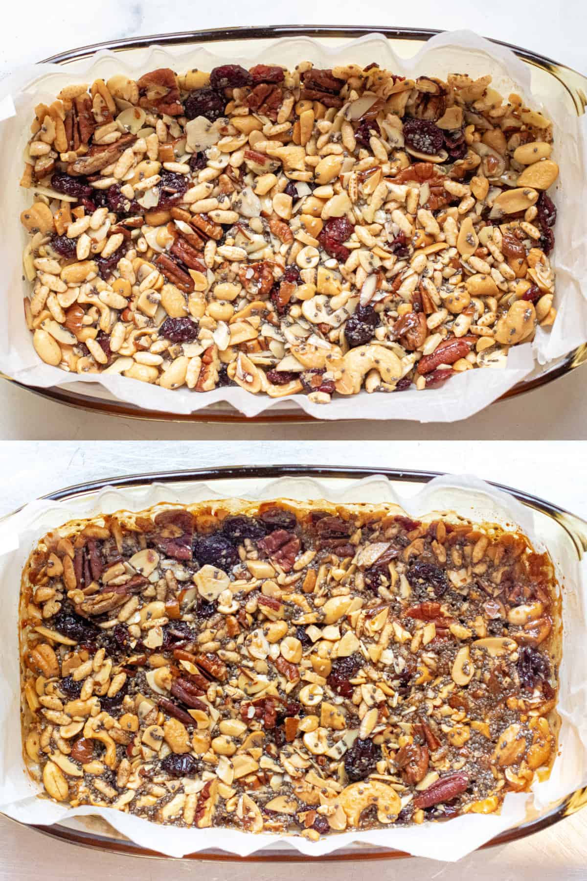 a pan with mixed nuts and syrup and then it cooked.