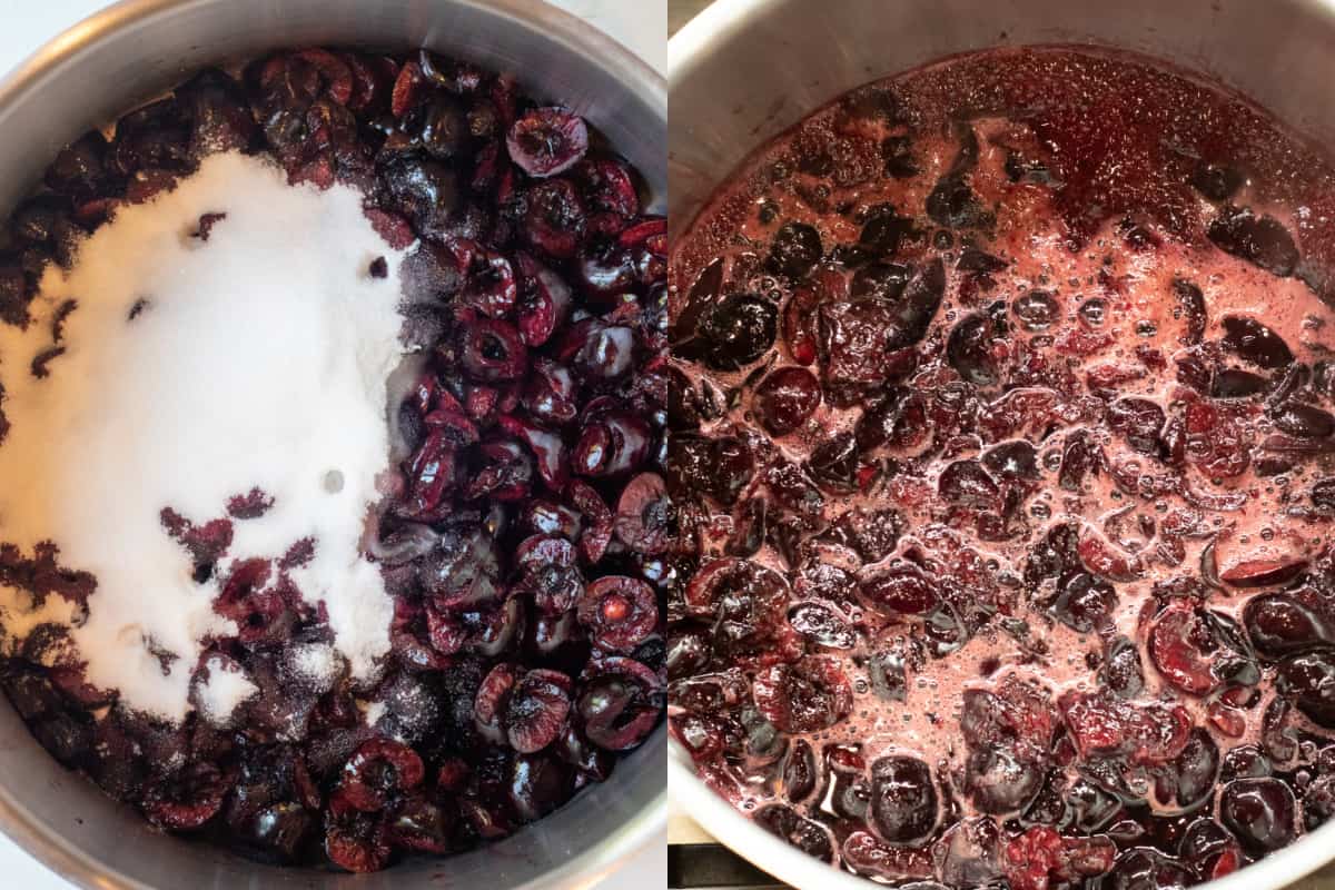 a pot with cherries and sugar and lemon juice and then the pot with it all boiling.