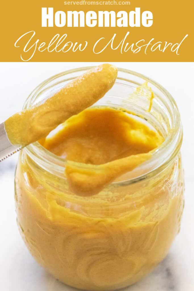 an overhead of a jar of yellow mustard with a knife in it with Pinterest pin text.