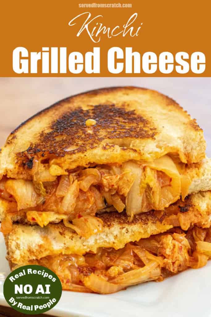 Close-up of a kimchi grilled cheese sandwich with melted cheese and crispy bread.